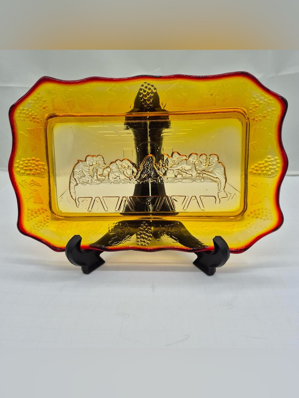 VTG Amberina Glass"The Last Supper" bread tray or serving plate w/Scalloped Edge